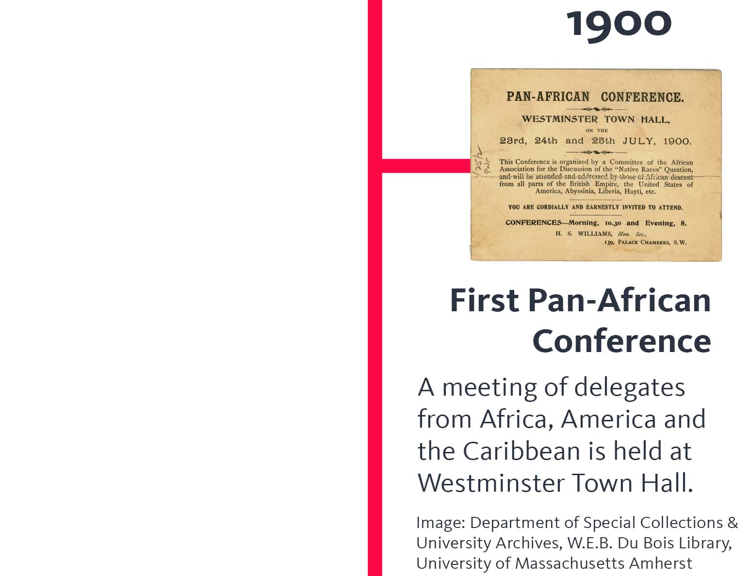 The year '1900' appears above an image of a paper invitation. A heading below says ' First Pan-African Conference', and text below that says 'A meetings of delegates from Africa, America and the Caribbean is held at Westminster Town Hall.' and below that, 'Image: Department of Special Collections & University Archives, W.E.B. Du Bois Library, University of Massachusetts Amherst'.