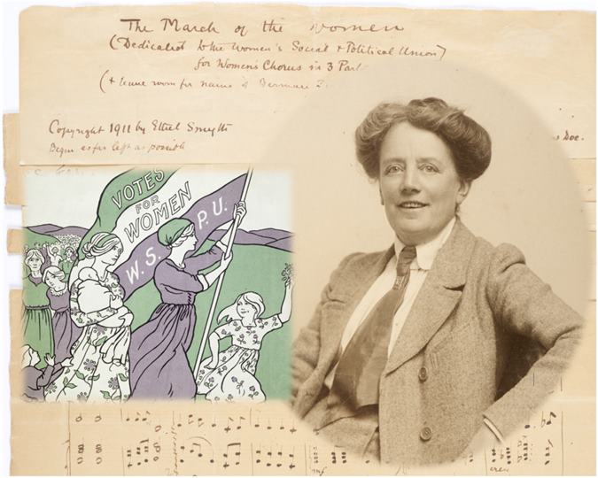 March of the Women’ Music score composed by Ethel Smyth (inset) with words by Cicely Hamilton. Suffragette anthem. (ID nos.: 50.82/1437; 50.82/768a; Z6234a)