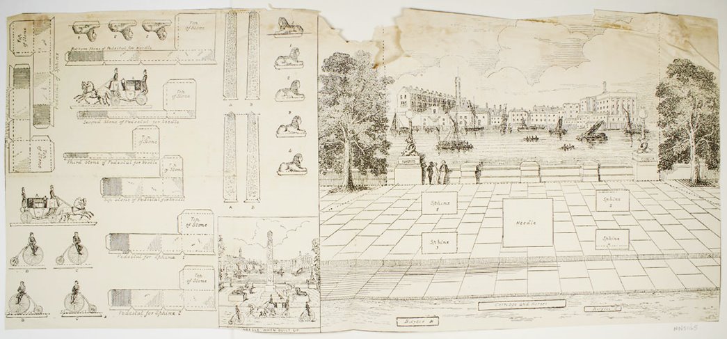 A sheet with a riverbank scene, possibly featuring Cleopatra’s Needle, and some cut-outs to make into a 3D paper model. Published by Goode Bros, Clerkenwell Green. (ID no.: NN31165)
