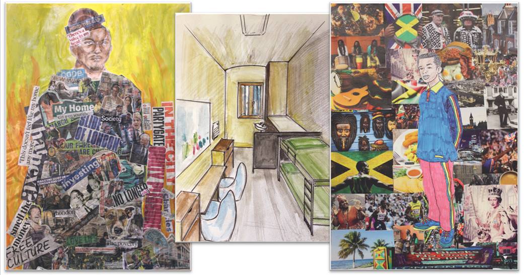 ‘The Media’ and ‘Cell, 2022’, by Thanh, and ‘Citizenship, Diversity, Identity’ by Barry, as produced in Changing London 1946-2022, by the Creative Arts Group at HMP Pentonville.