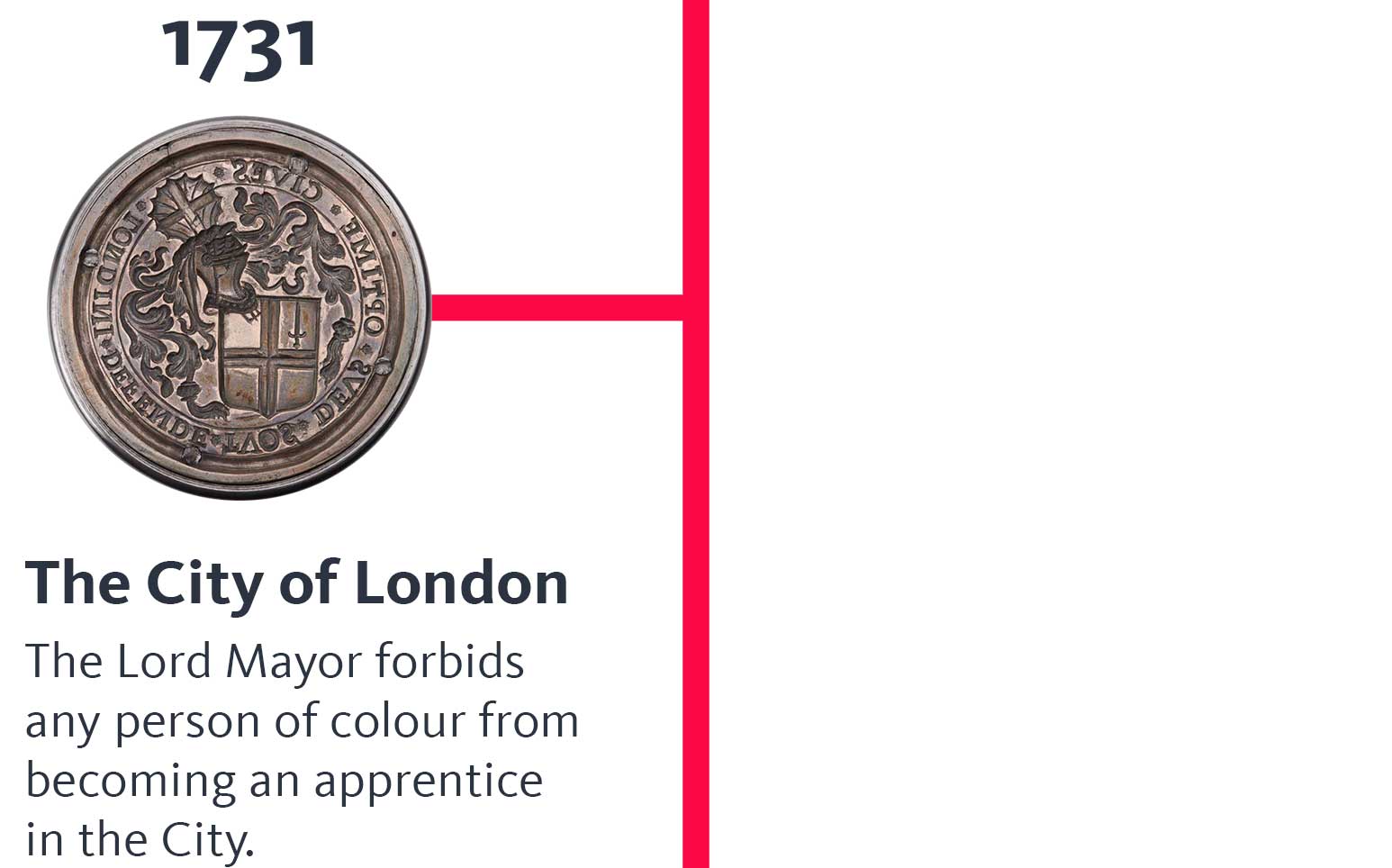 The year '1731' appears above an image of the City of London's metal seal matrix. A heading below says 'The City of London', and text below that says 'The Lord Mayor forbids any person of colour from becoming an apprentice in the City.'