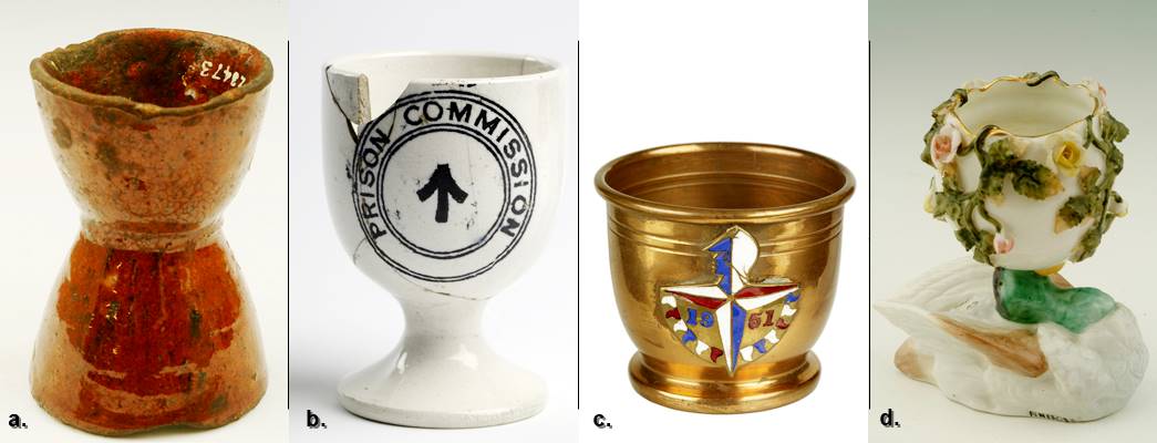Examples of egg cups from post-medieval to mid-20th century. (ID nos.: a. Z3473; b. 50.82/1230; c. 88.182/1; d. NN13033)