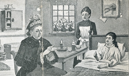 A leaflet with a drawing showing Queen Victoria using sign language at the bedside of a 'deaf mute'. (ID no.: 82.718/7)