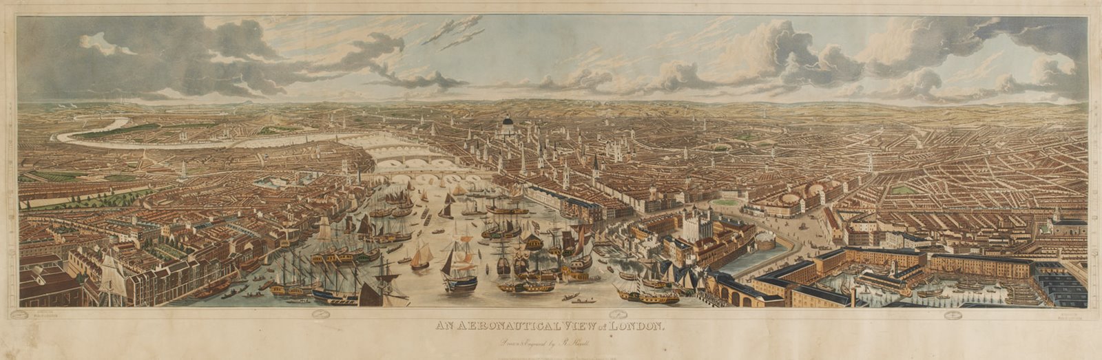 An Aeronautical View of London (Robert Havell Jr, 1832, hand-coloured engraving) is closely modelled on the Rhinebeck Panorama, though on a smaller scale. (ID no.: 81.635)