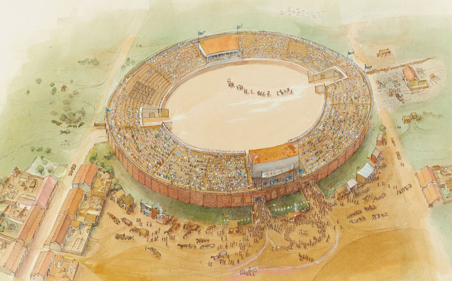 artist's impression of the London Roman Amphitheatre in Roman times, aerial view