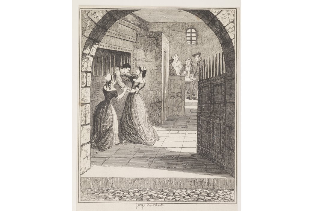 Jack Sheppard escaping from the condemned cell, etching, 1839
Jack Sheppard is a novel by William Harrison Ainsworth, which was published in serial form in ‘Bentley's Miscellany’ from 1839-1840, with illustrations by George Cruikshank. (ID no.: 54.122/1m)
