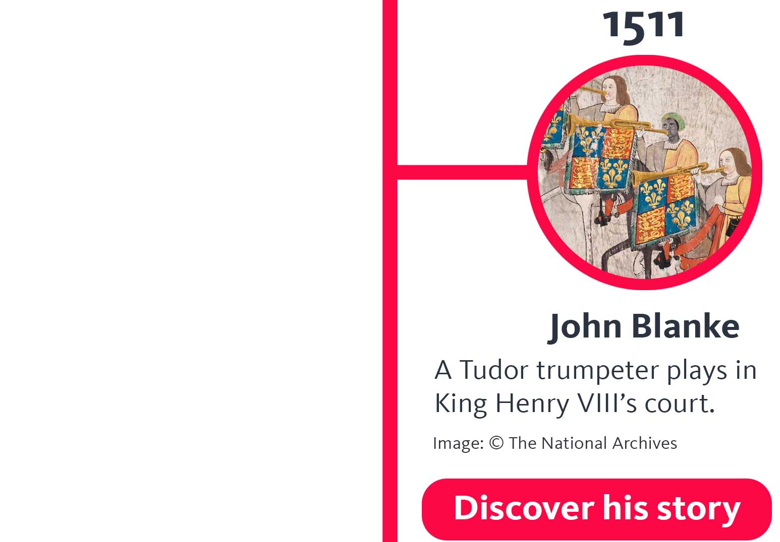 The year '1511' appears above an illustration of several men playing trumpets on horseback. A heading below says 'John Blanke', and text below that says 'A Tudor trumpeter plays in King Henry VIII's court.', and a button says 'Discover his story'.