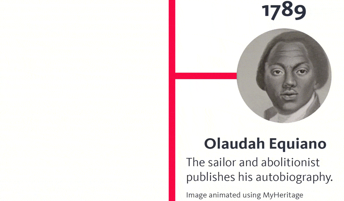 The year '1789' appears above a black and white animation of a smartly-dressed man glancing forward. A heading below says 'Olaudah Equiano', and text below that says 'The sailor and abolitionist publishes his autobiography'. A note below that says 'Image animated using MyHeritage.'.