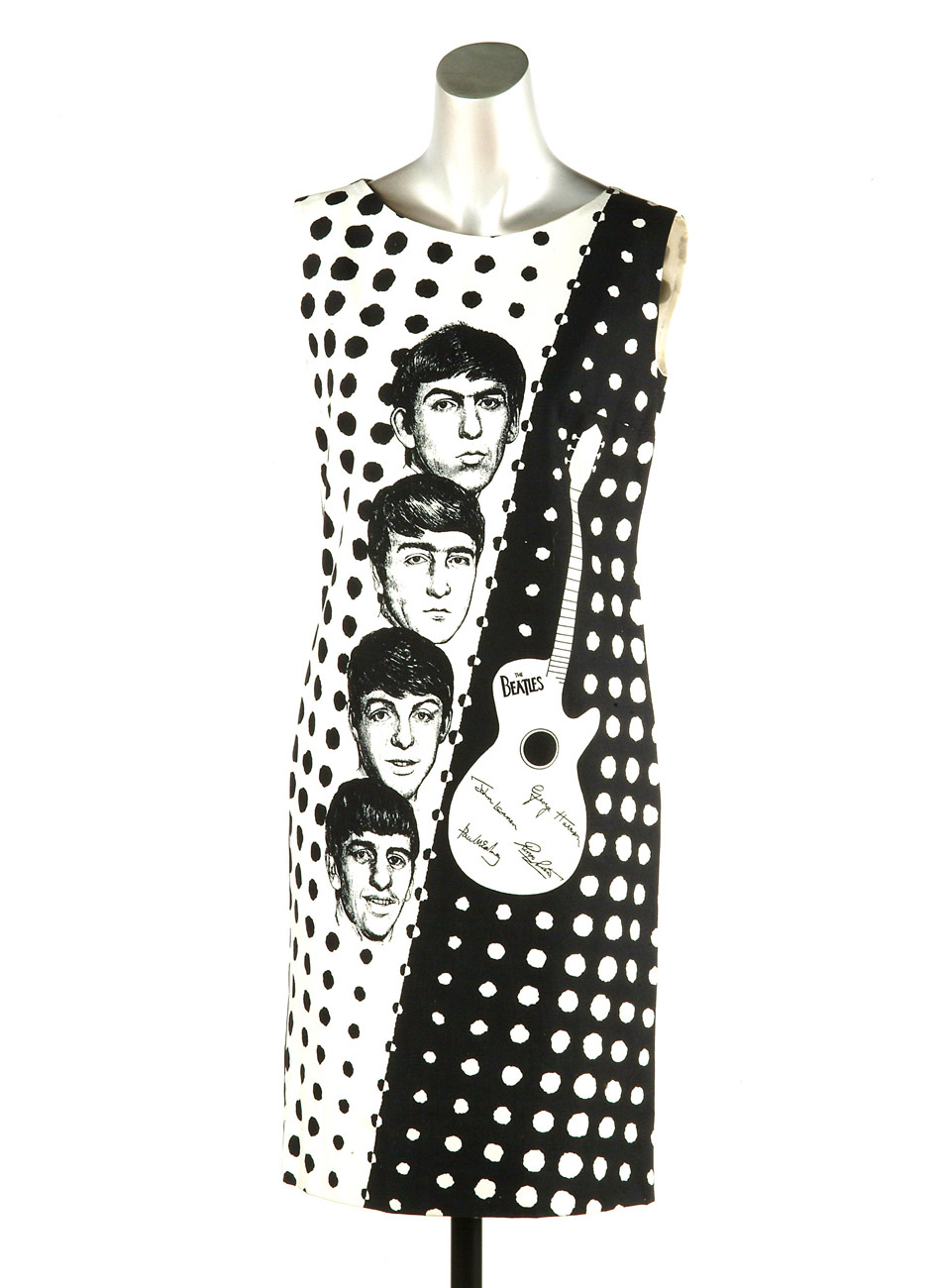 Dress created by fashion collective the Fool, displaying faces of the Beatles.