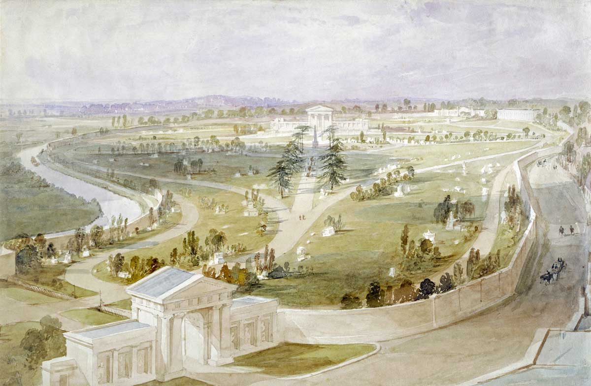 The Grand Union Canal can be seen in the background of this watercolour. The view is of the cemetery before it was built and is probably linked to the architect's early plans. 