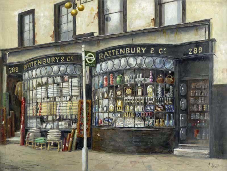 Painting showing the front of Rattenbury and Co., a pawnbroker’s on Brentford High Street. Linen and cutlery are on display. The shop front is displayed at the Museum of London. 