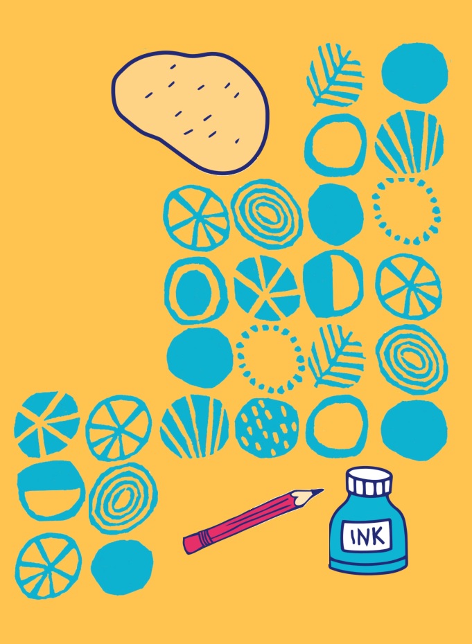 Colourful illustration of a potato, a bottle of ink, a pencil lots of circular patterns created from potato printing.