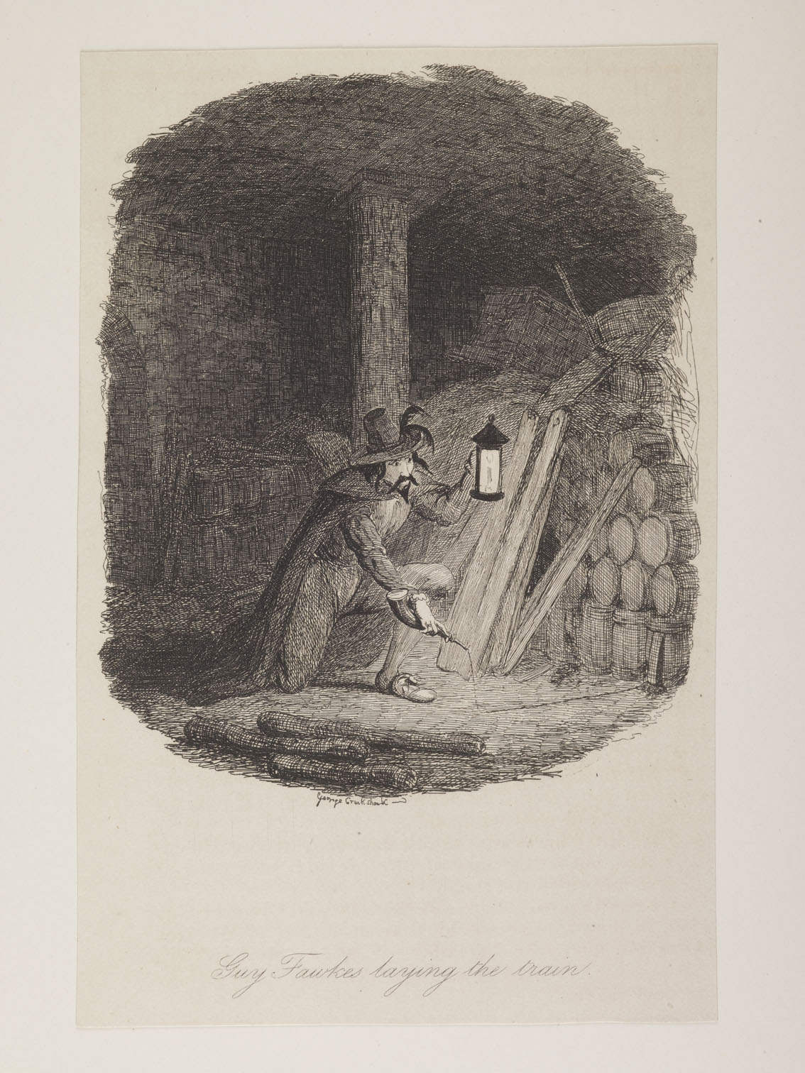 Part of 22 etchings by George Cruikshank from W.H. Ainsworth's 1841 novel, Guy Fawkes. (ID no.: 54.122/2)

