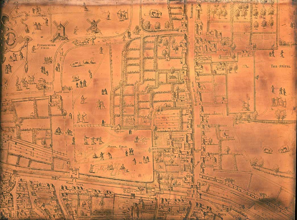 Copper printing plate for The Copperplate Map of London dates from the 1550’s and is the first known map of London. It was made in fifteen sections, or plates, of which only three are still in existence. Two plates which depict the areas around Moorfields and the City are in the Museum of London and a third plate, held by the Dessau Art Gallery, shows the area around St Paul's Cathedral. This plate was later reused and has a painting on the reverse of Nimrod supervising the construction of the Tower of Babel.
