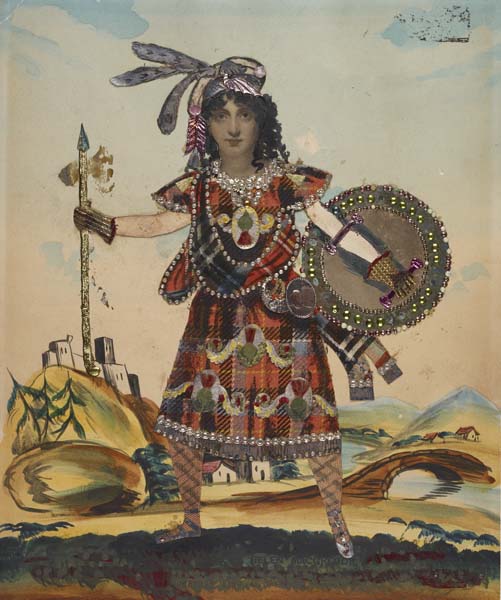 This hand-coloured and hand-decorated theatrical tinsel portrait is decorated with cotton tartan clothing embellished with tinsel ornaments.