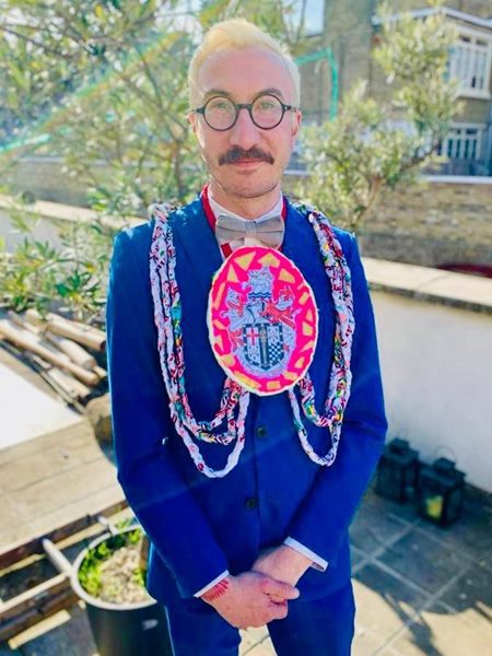 Philip Normal wearing his self-made mayoral chain, 2020. Collected as part of the museum's Collecting Covid project.