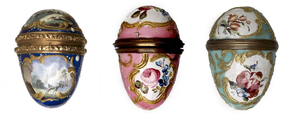 Beautiful small containers shaped like eggs, holding thimbles to scents. (ID nos.: A16334; A16337; A16347)