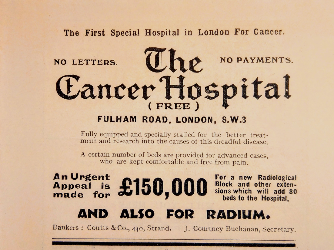 Advertisement from 1931 Free Cancer Hospital