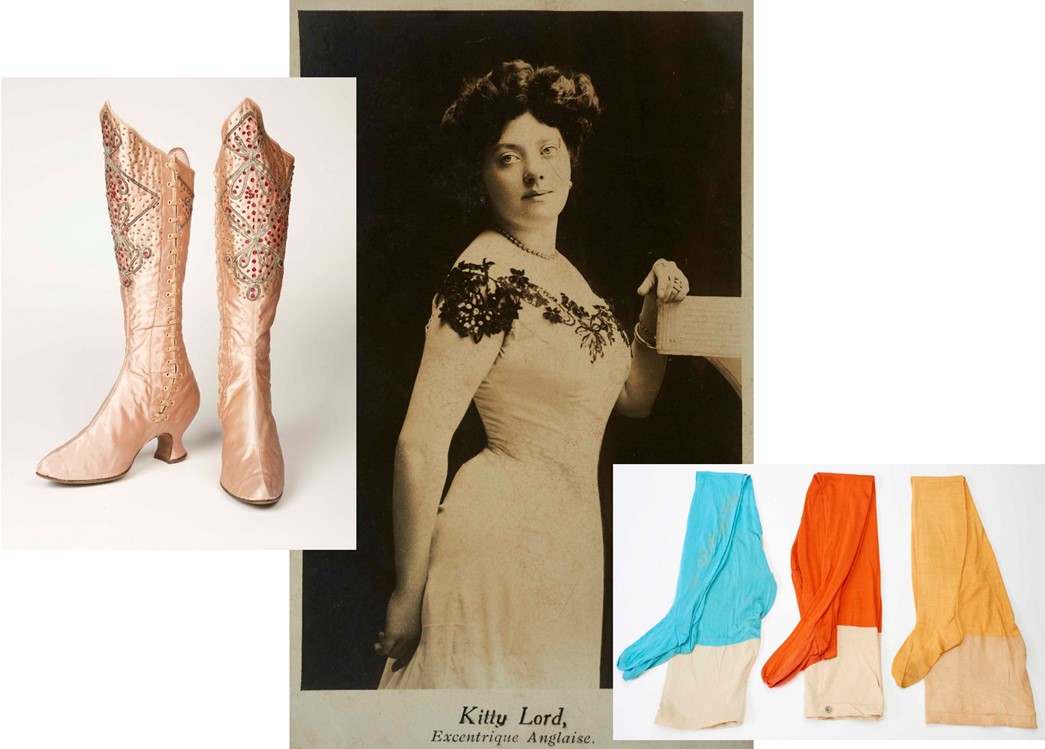 A photo postcard of 'Excentrique Anglaise' Kitty Lord; a pair of her boots (left) made by Rayne from around 1910; and samples of Lord’s stage tights, which were not in general use in the early 20th century. (ID nos: 71.142/4d; 2002.62/9; 71.142/8d,2d,3c)