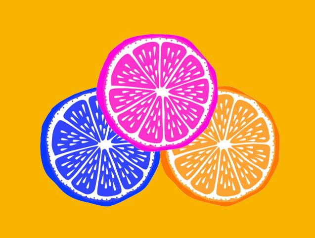 Illustration of orange prints in pink, blue and yellow.