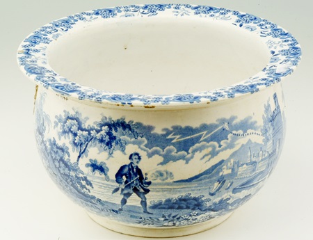 Chamber pot with blue transfer-printed scenes inside and out depicting Benjamin Franklin’s electrical experiments. (ID no.: 68.11/44)