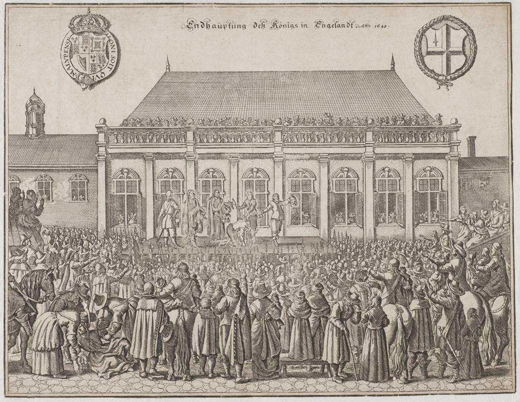 German print showing King Charles I’s execution

The shocking news of the King’s death was reported across Europe. This print shows the executioner and his assistant, both masked, having just cut off Charles’ head with an axe and holding it up to the crowd. (ID no.: 32.140)
