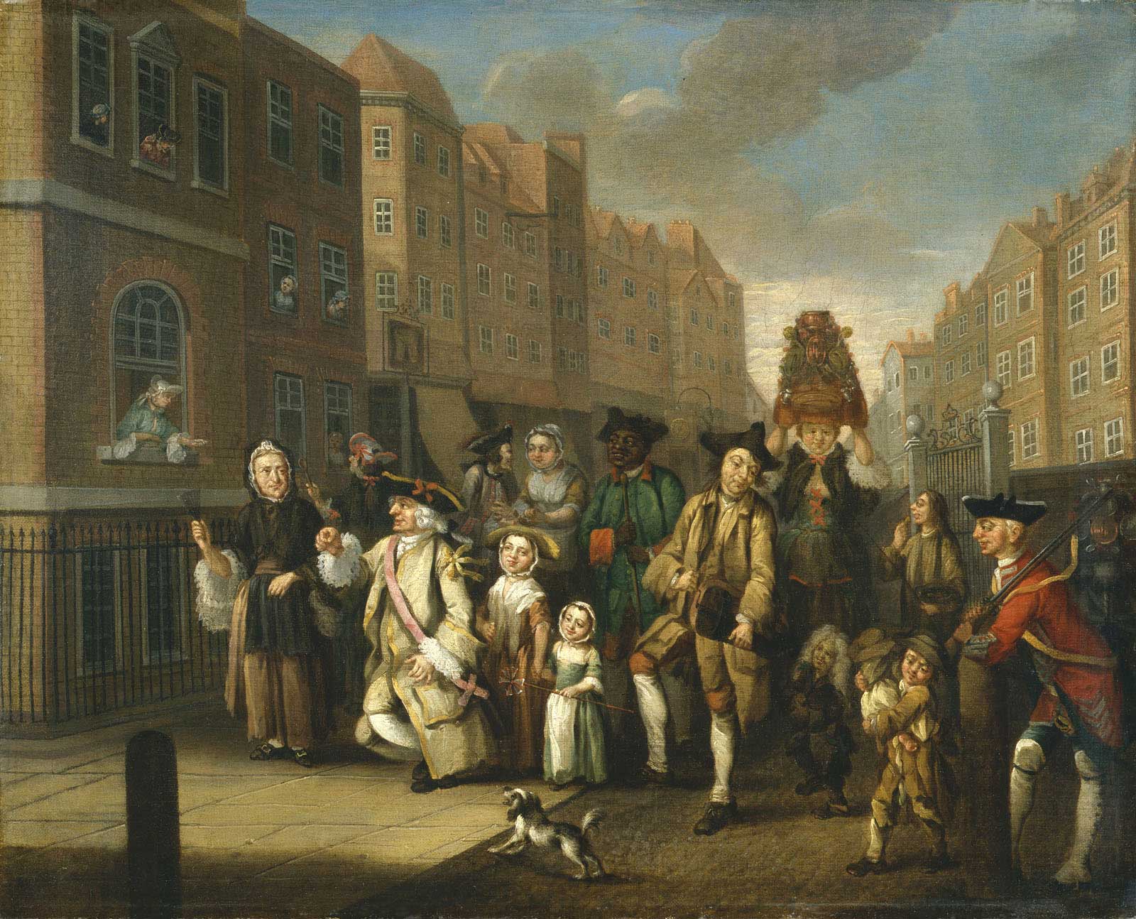 Painting May Morning by John Collet, showing a traditional London parade in the 1780s.