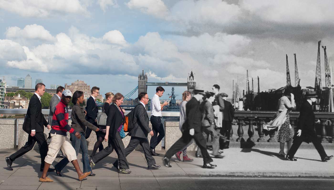 Composite photograph showing contempory and historical image (by Henry Turner) of pedestrians walking over London Bridge.