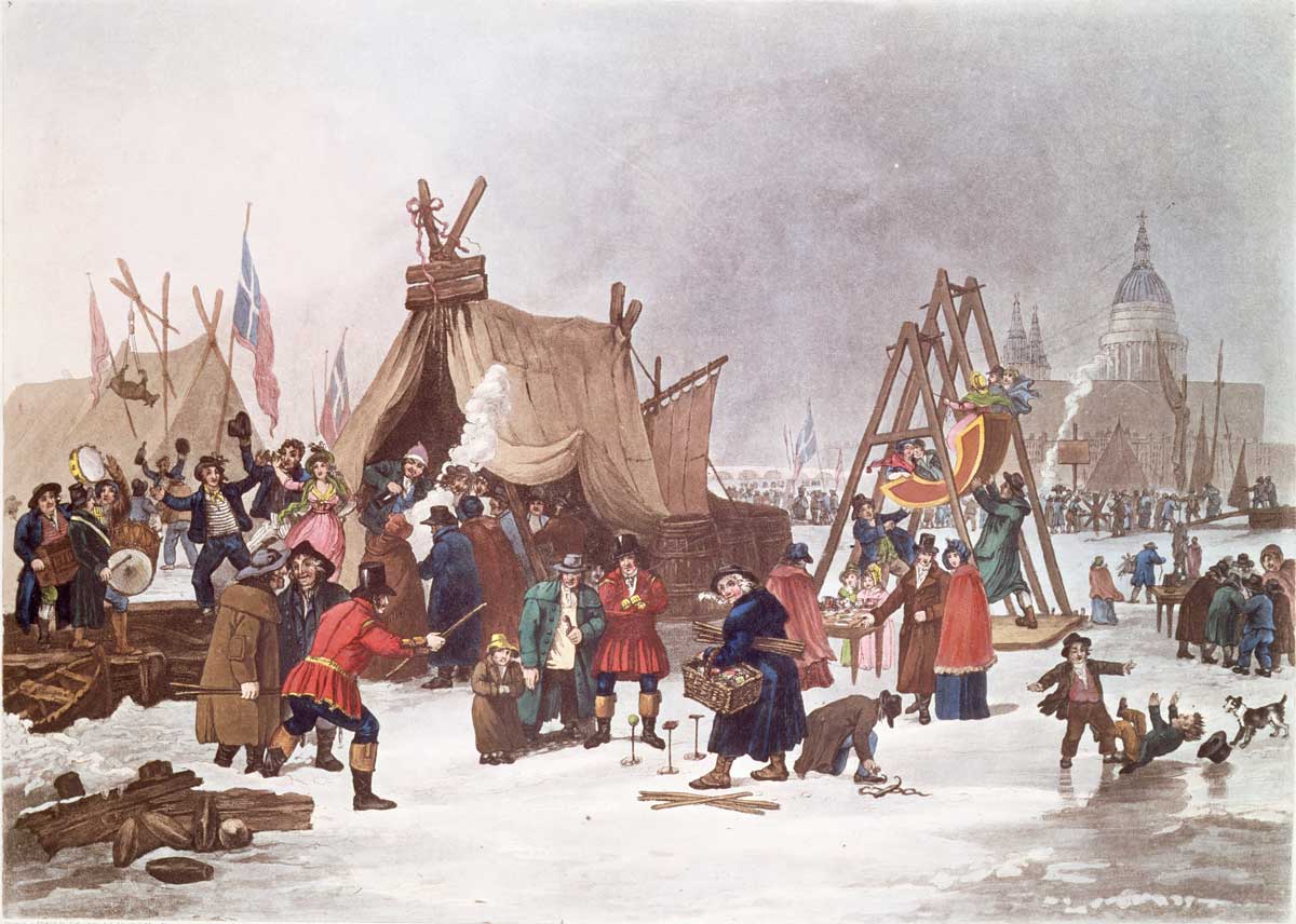 Frost Fair on the River Thames. Coloured and varnished aquatint. General view of the frost fair on the river Thames in 1814.