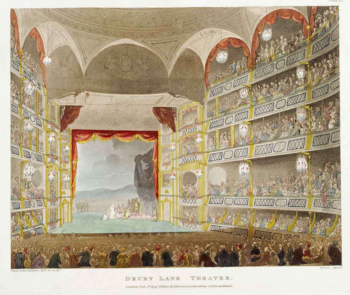 This image shows a busy Drury Lane theatre in the middle of a performance. 