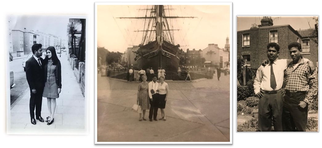 (from left) Salina’s parents in the 1970s, her father in front of Cutty Sark with friends, and with his brother ‘Uncle Danny’. (Courtesy: Salina Jane)