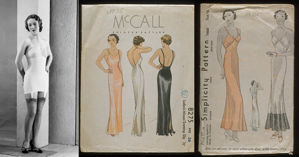 Woman modelling a Bien Jolie corset in 1935; McCall and Simplicity paper patterns for evening slips for low-cut dresses. (ID nos.: IN12557; 76.148/20; 76.148/22)