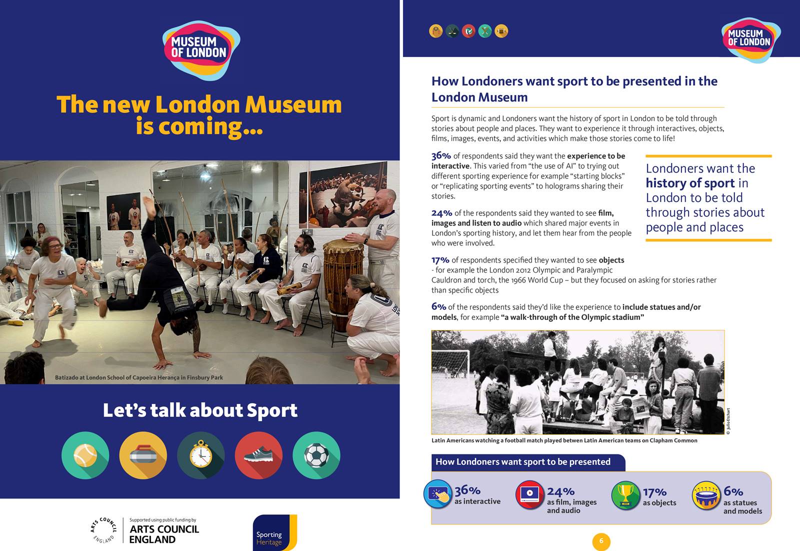 The cover page and page 6 of the Sport report, indicating how Londoners want the history of sport to be told. 