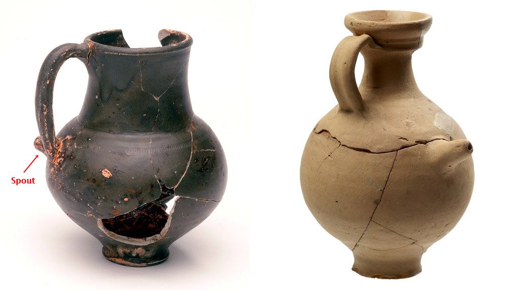 Tettinae in Roman Era 
(left) A moselkeramik tettina or feeding bottle with a dark grey slip, incomplete and restored from sherds. And (right) one that looks like a flagon. (ID nos: HOO88[1683]<800>; 2859) 
