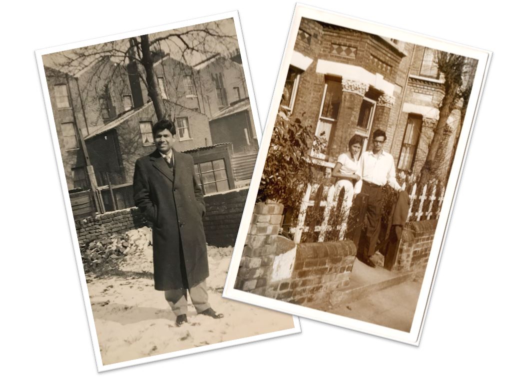 (left) Salina’s father Martin in London in the 1950s; and Vedia’s parents, Anoopia and Bramadath, by their front gate, both photos in London. (Courtesy: Salina Jane/Vedia Maharaj)