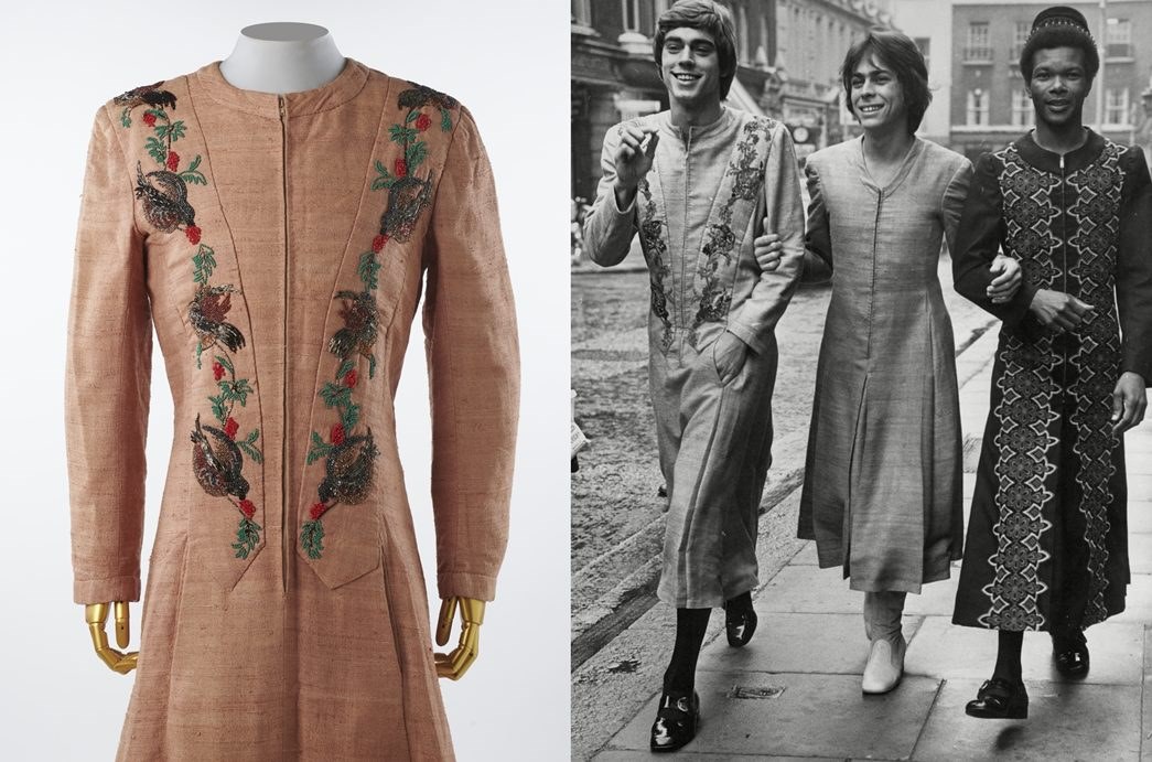 Mr Fish's ‘maxi-smoking’ dress
(left) A Mr Fish maxi-smoking dress with beaded panels (Courtesy: EXH1156, Collection of L. Kingston Chadwick), and (right) model Walter Giegold on the extreme left wearing the same dress for a shoot. (©Jimmy James/ANL/Shutterstock)
