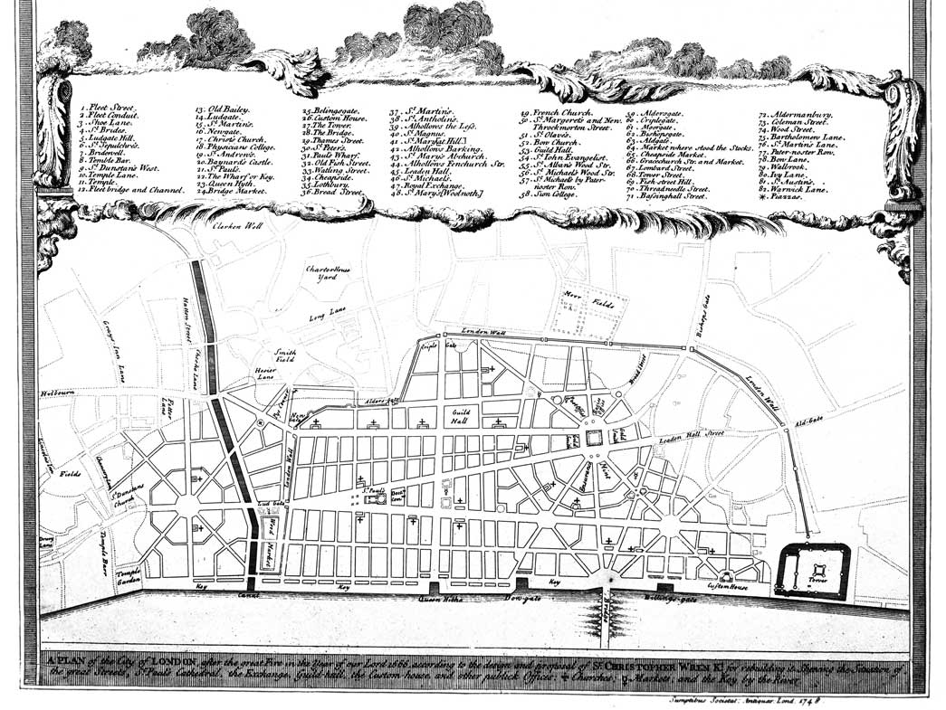 A plan of London after the Great Fire in the year of our Lord 1666. Map showing two designs for the reconstruction of London. The top design by J. Evelyn consists of 12 interconnecting squares and piazzas. The Royal Exchange is re-sited where Cannon Street Station now is; a straight west-to-east thorough fare cuts its way from Temple Bar to 'King Charles Gate' south of Aldgate. The bottom design and proposal by Sir Christopher Wren shows the broad boulevards and open squares replacing the warren of alleys and byways. Wren's plan was never executed.
