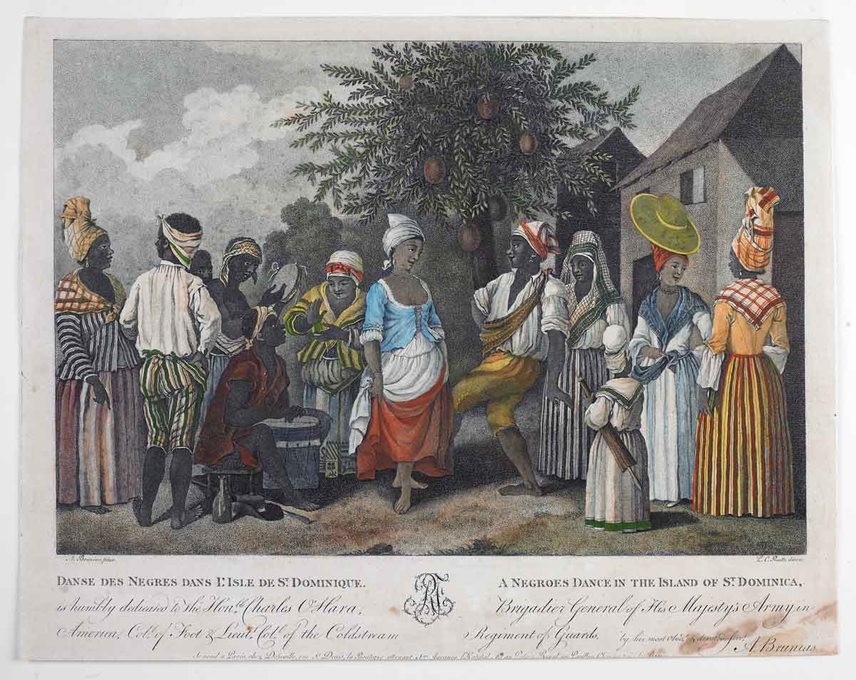 Colourfully dressed men, women and a child dance to a drum and tambourine rhythm on the island of St. Dominica.