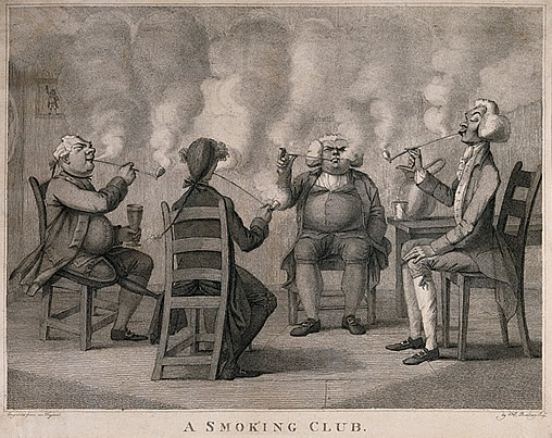 Four Georgian gentleman sit in their club seriously engaged in smoking Alderman pipes. Engraving with stipple by H.Bunbury,1794 (Wellcome Collection, cc-by/4.0)