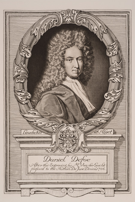 A portrait of Daniel Defoe, author of Robinson Crusoe. 