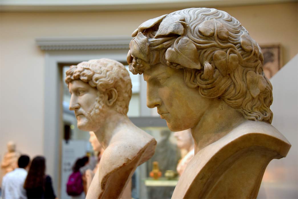 Marble busts of Hadrian (left, 117-138 CE, probably from Rome) and Antinous (right, 130-138 CE, from Rome)