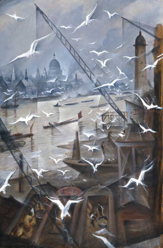 Nevinson's evocative painting looks northwest towards the City of London from the southern end of Waterloo Bridge. The artist contrasts Lambeth's traditional working riverfront and its manual industries with some of London's most significant historic buildings. 

The skyline features St Paul's Cathedral, the City of London School, the steeple of St Bride's Church and Blackfriars Bridge. However, Nevinson has taken some artistic licence and his cityscape is not entirely accurate. The Monument, for instance, is actually much further east.