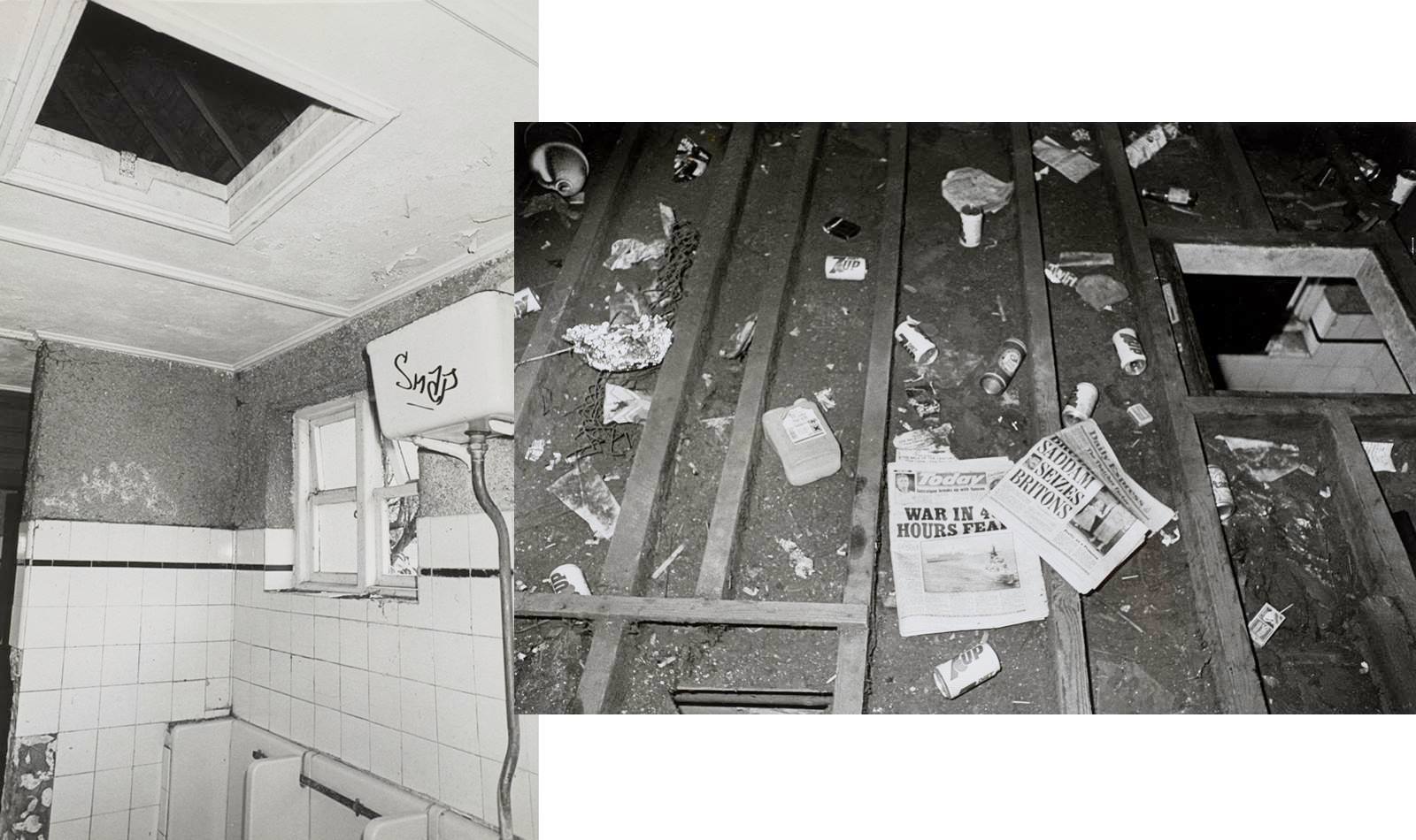 Alexander Park, Wembley, 1990. Police used the access point above this toilet block (left) to hide out in the ceiling (right) to ‘nick’ men for homosexual activity. (©Phil Polglaze) 