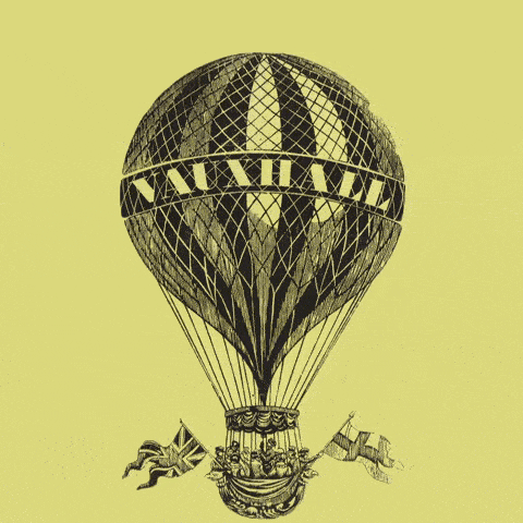 Illustration of a hot air balloon with 'Vauxhall' written on it against a mustard yellow background.