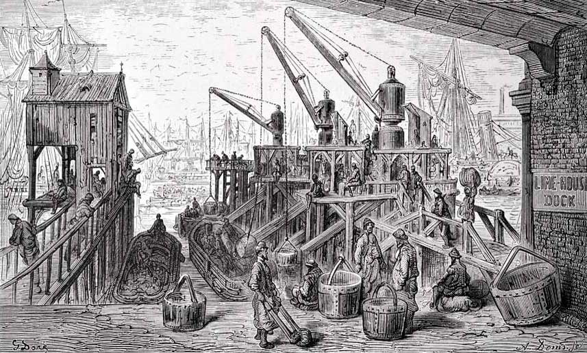Limehouse Dock 1872 by Blanchard Jerrold and Gustave Doré, showing sailors at work.