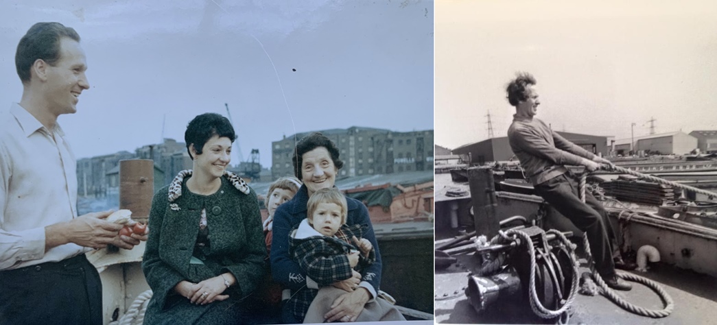 ‘Happy memories of a family trip on my dad’s tug with Powell’s Wharf behind us — (from left) my dad, mum, sister and me sitting on my nan’s lap,’ shares Susan with this 1965 photograph. (Courtesy Susan Winterbourne); George, on his tug, pulling up alongside barges on the south side of the river Thames. (Courtesy Susan Winterbourne)