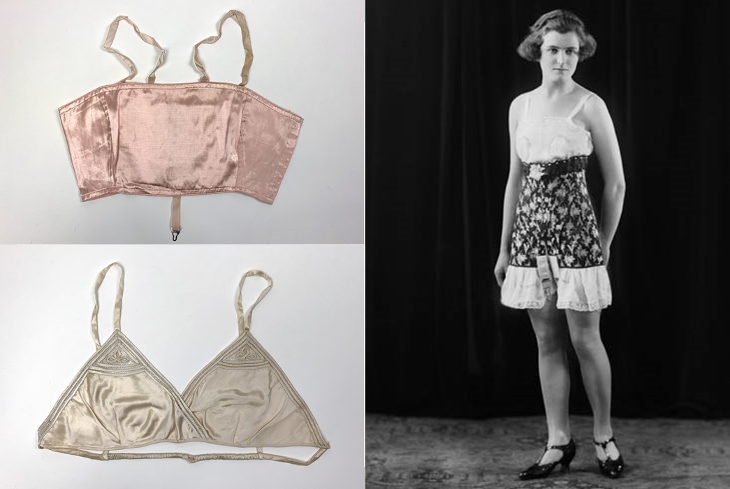 (anti-clockwise from top-left) A monobosom; a ‘modern’ bra and a model in camiknickers. (ID nos.: 2016_51_4_va; 80_241_3; IN10648)