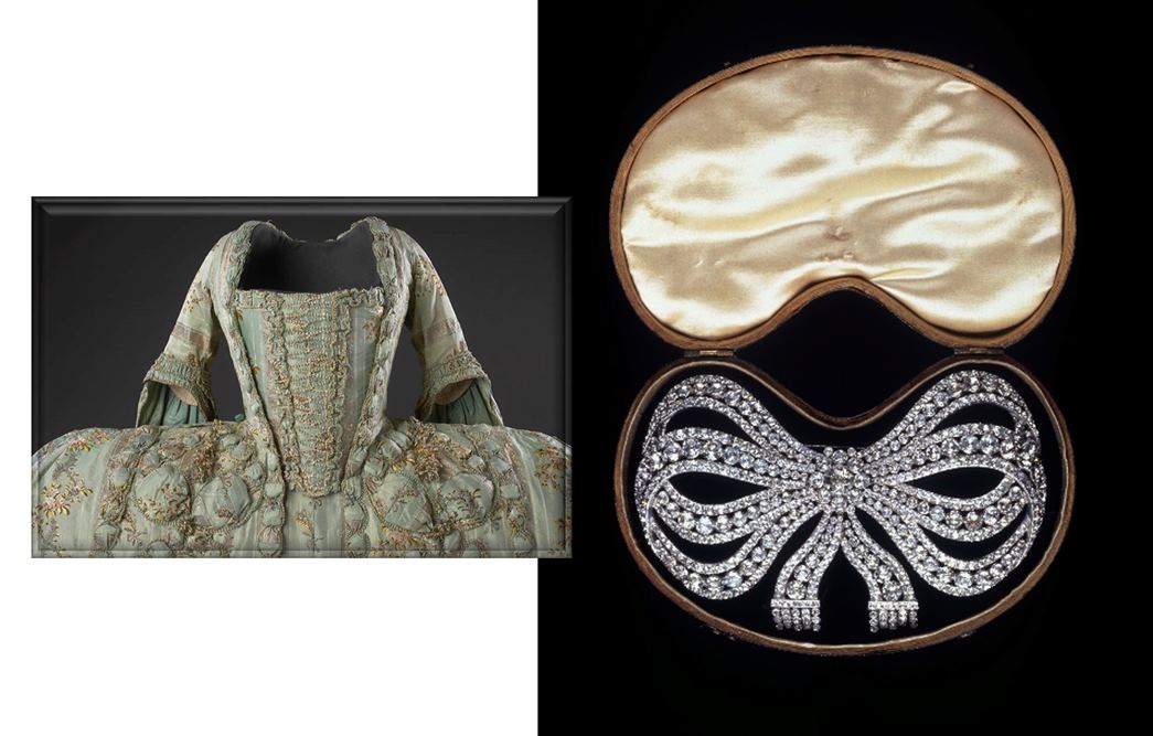A stunning paste ornament (right) from the 18th century, which would have been worn on a stomacher, such as the one on the left. (ID nos.: 33.86/10a; 33.91c)