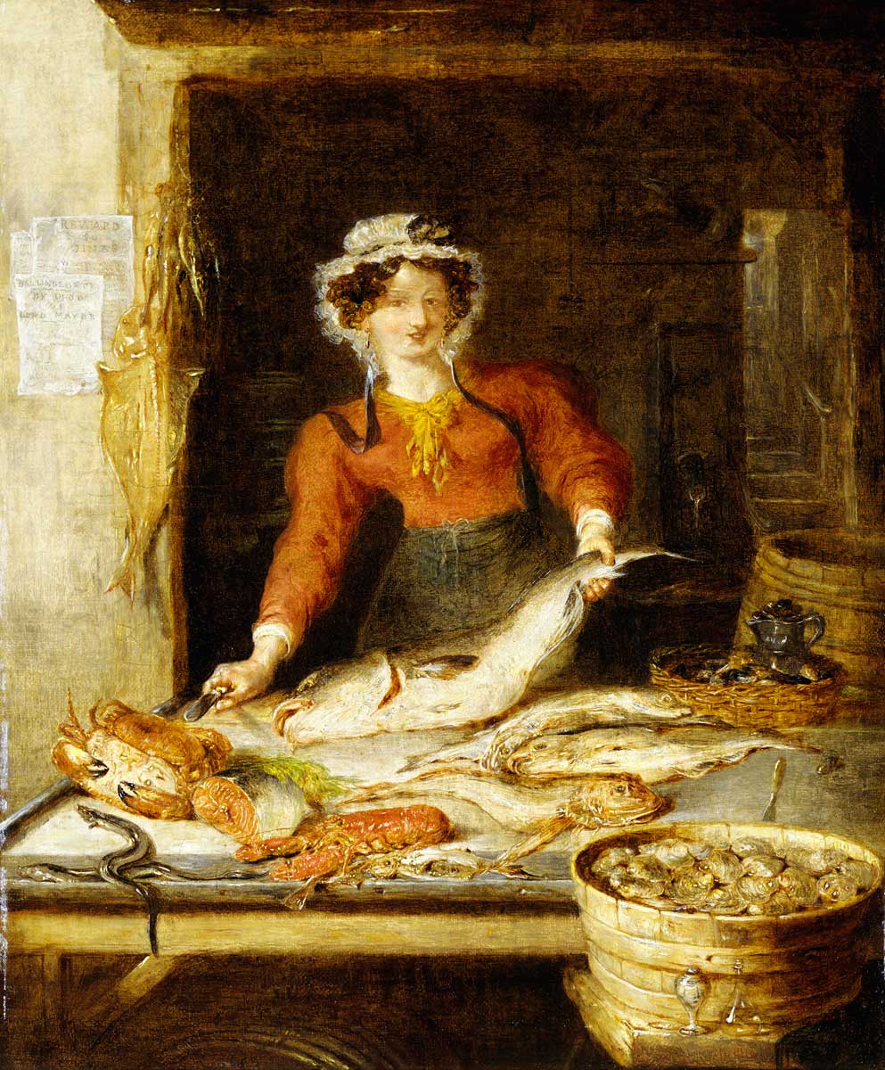 Painting of a fish stall.