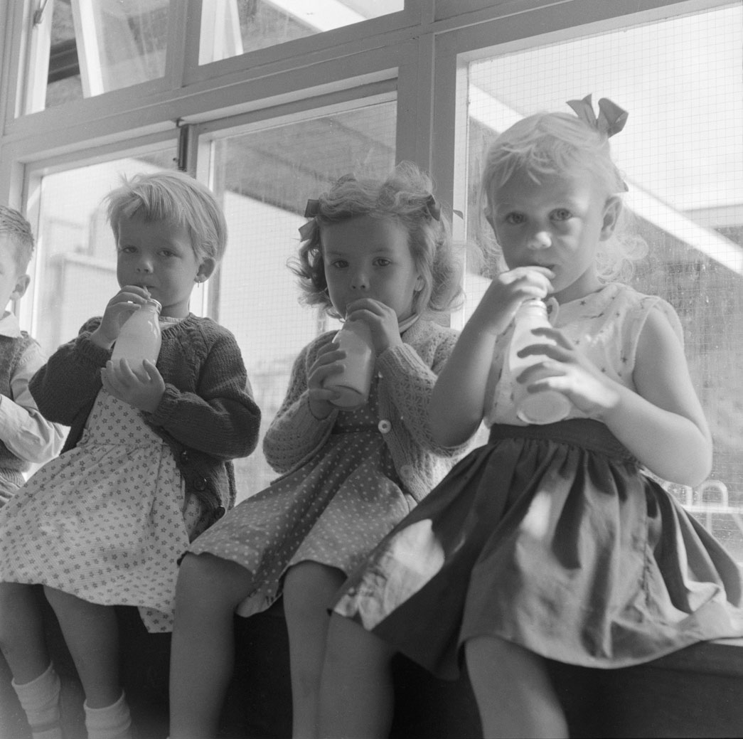 Children drinking milk at Sumner Nursery School, Peckham, 1959, Henry Grant Collection/Museum of London